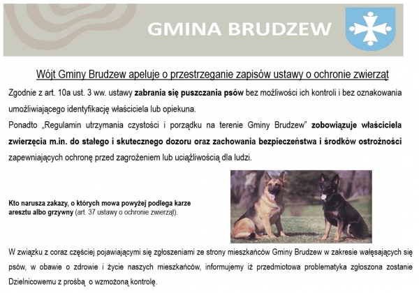 Wójt Gminy Brudzew apeluje o przestrzeganie zapisów ustawy o ochronie zwierząt